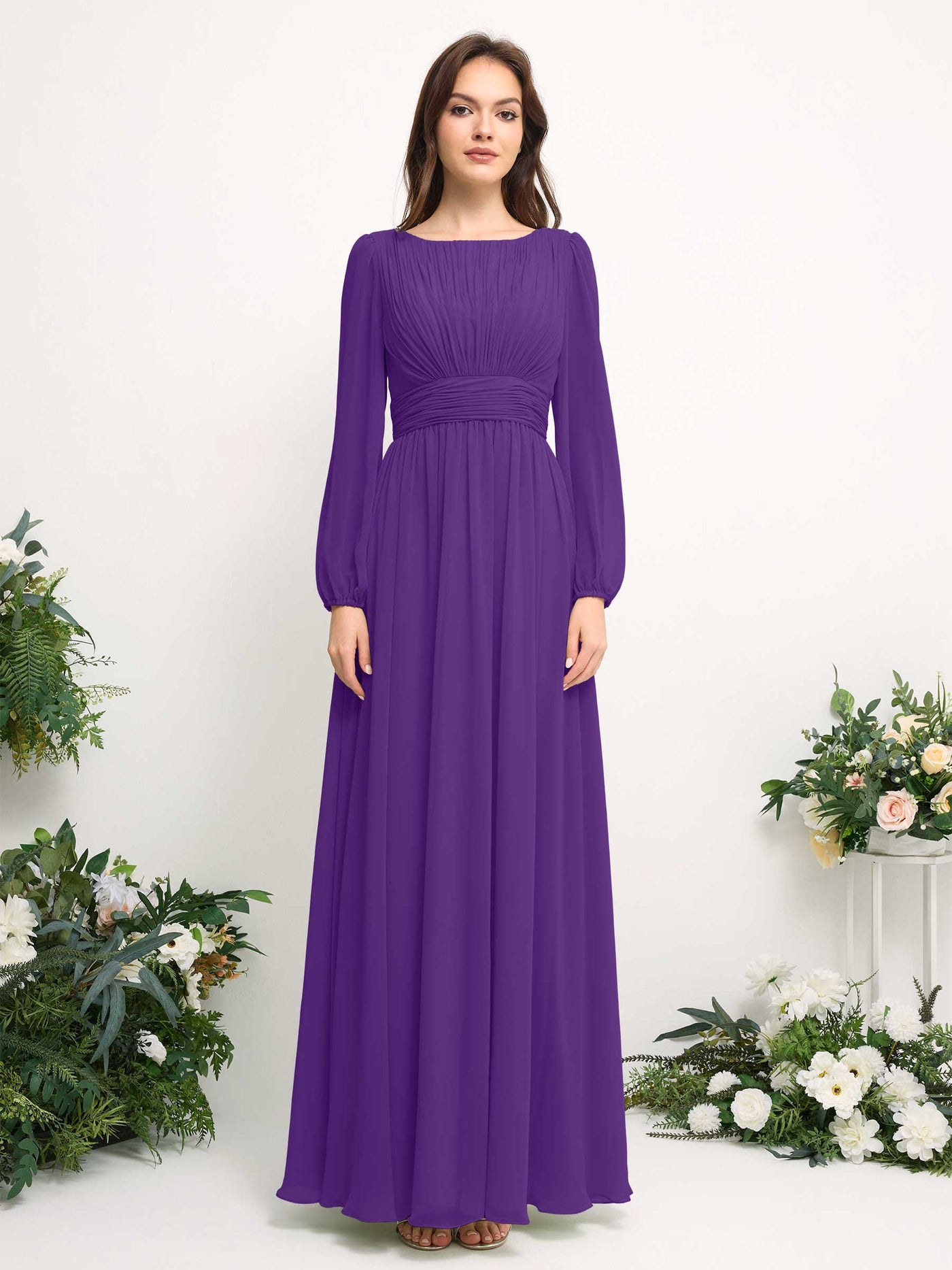 Carlyna Robe trapèze en mousseline avec encolure bateau manches longues pour demoiselle d'honneur Régence #couleur_r-gence