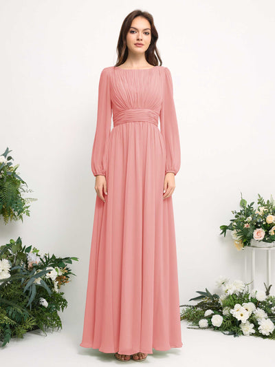 Carlyna Robe trapèze en mousseline avec encolure bateau manches longues pour demoiselle d'honneur Rose Ballet #couleur_rose-ballet