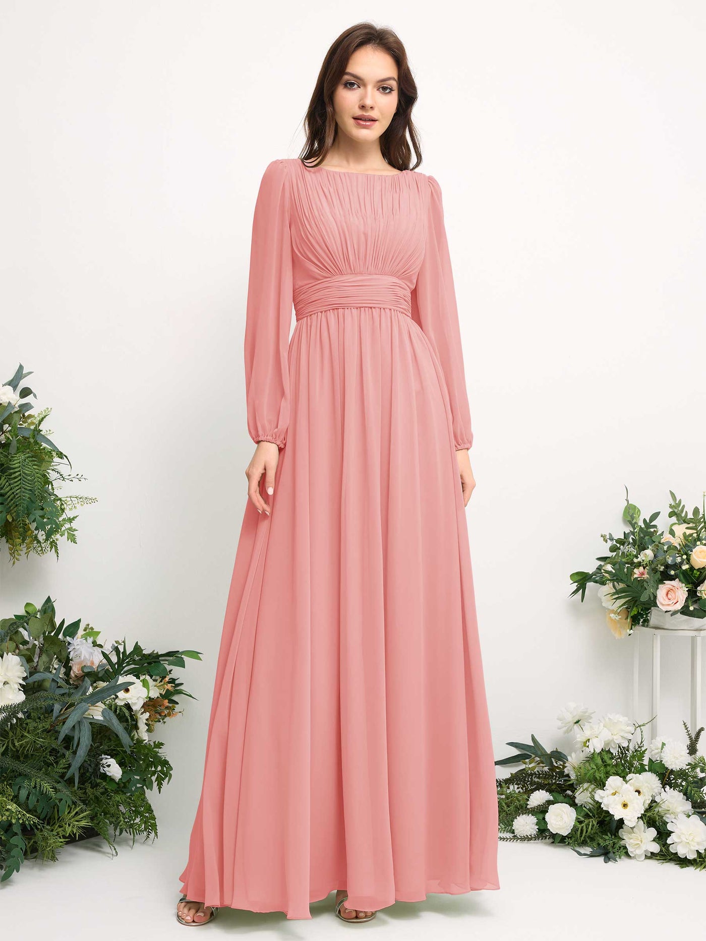 Carlyna Robe trapèze en mousseline avec encolure bateau manches longues pour demoiselle d'honneur Rose Ballet #couleur_rose-ballet