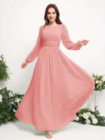 Carlyna Robe trapèze en mousseline avec encolure bateau manches longues pour demoiselle d'honneur Rose Ballet #couleur_rose-ballet
