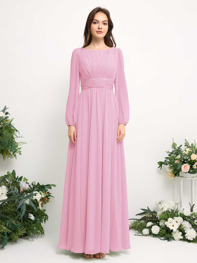 Carlyna Robe trapèze en mousseline avec encolure bateau manches longues pour demoiselle d'honneur Rose Bonbon #couleur_rose-bonbon
