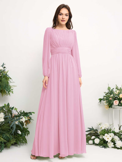 Carlyna Robe trapèze en mousseline avec encolure bateau manches longues pour demoiselle d'honneur Rose Bonbon #couleur_rose-bonbon