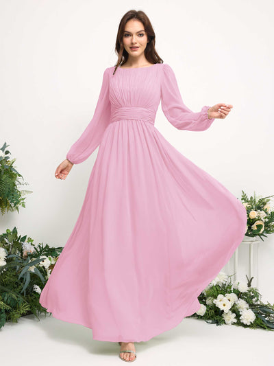 Carlyna Robe trapèze en mousseline avec encolure bateau manches longues pour demoiselle d'honneur Rose Bonbon #couleur_rose-bonbon
