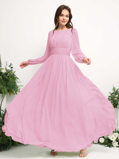 Carlyna Robe trapèze en mousseline avec encolure bateau manches longues pour demoiselle d'honneur Rose Bonbon #couleur_rose-bonbon