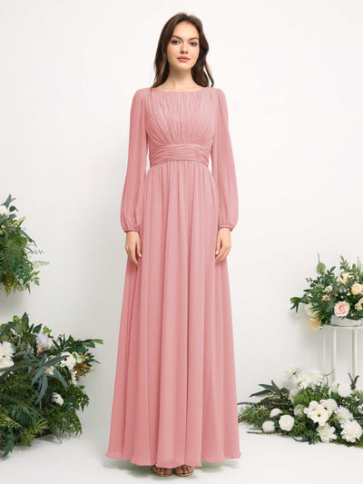 Carlyna Robe trapèze en mousseline avec encolure bateau manches longues pour demoiselle d'honneur Rose Champagne #couleur_rose-champagne