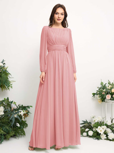 Carlyna Robe trapèze en mousseline avec encolure bateau manches longues pour demoiselle d'honneur Rose Champagne #couleur_rose-champagne