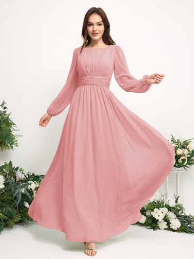 Carlyna Robe trapèze en mousseline avec encolure bateau manches longues pour demoiselle d'honneur Rose Champagne #couleur_rose-champagne