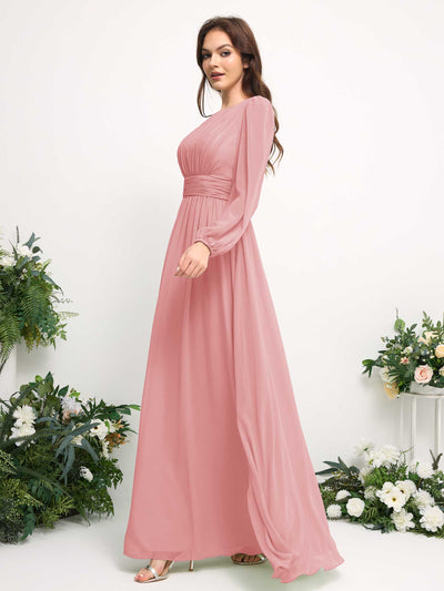 Carlyna Robe trapèze en mousseline avec encolure bateau manches longues pour demoiselle d'honneur Rose Champagne #couleur_rose-champagne