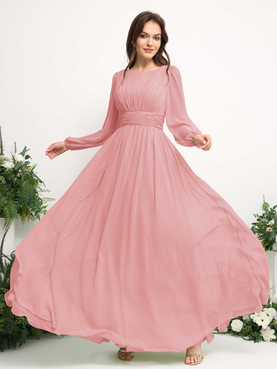 Carlyna Robe trapèze en mousseline avec encolure bateau manches longues pour demoiselle d'honneur Rose Champagne #couleur_rose-champagne