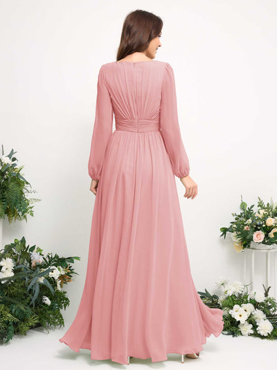 Carlyna Robe trapèze en mousseline avec encolure bateau manches longues pour demoiselle d'honneur Rose Champagne #couleur_rose-champagne