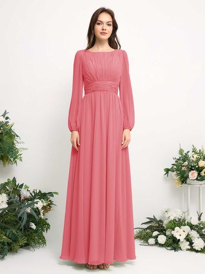 Carlyna Robe trapèze en mousseline avec encolure bateau manches longues pour demoiselle d'honneur Rose Corail #couleur_rose-corail
