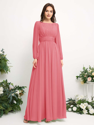 Carlyna Robe trapèze en mousseline avec encolure bateau manches longues pour demoiselle d'honneur Rose Corail #couleur_rose-corail