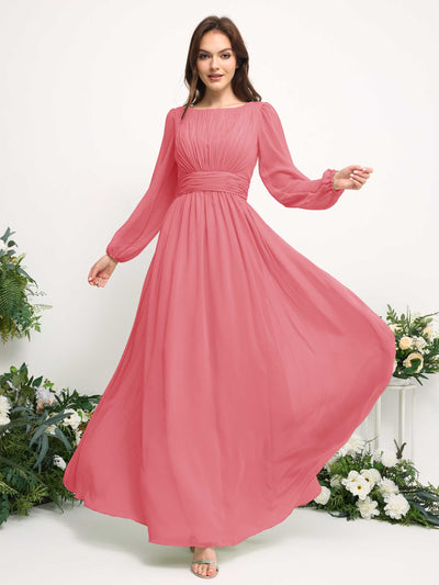 Carlyna Robe trapèze en mousseline avec encolure bateau manches longues pour demoiselle d'honneur Rose Corail #couleur_rose-corail