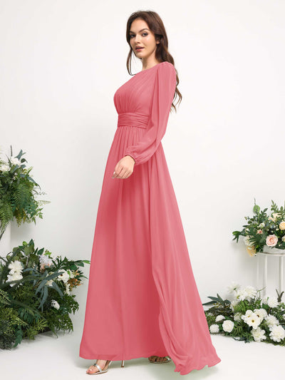 Carlyna Robe trapèze en mousseline avec encolure bateau manches longues pour demoiselle d'honneur Rose Corail #couleur_rose-corail