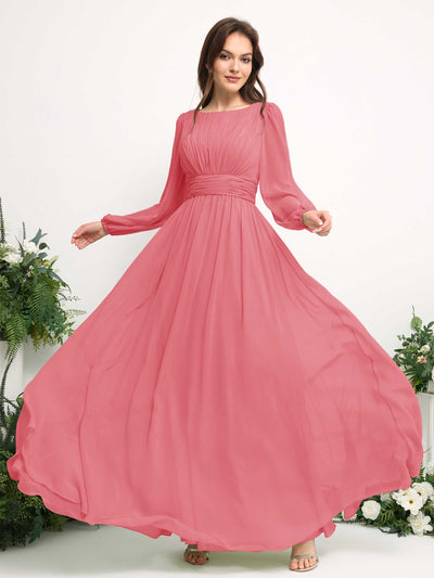 Carlyna Robe trapèze en mousseline avec encolure bateau manches longues pour demoiselle d'honneur Rose Corail #couleur_rose-corail