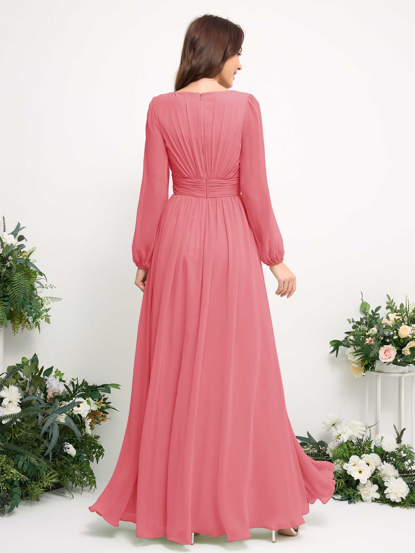 Carlyna Robe trapèze en mousseline avec encolure bateau manches longues pour demoiselle d'honneur Rose Corail #couleur_rose-corail