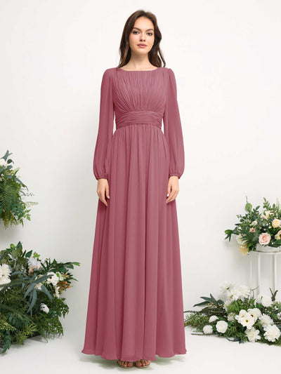Carlyna Robe trapèze en mousseline avec encolure bateau manches longues pour demoiselle d'honneur Rose Du Désert #couleur_rose-du-d-sert