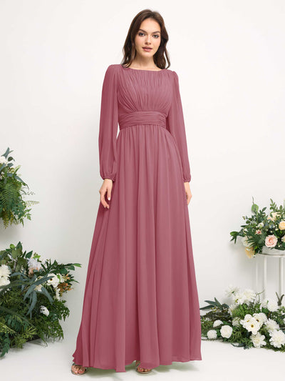 Carlyna Robe trapèze en mousseline avec encolure bateau manches longues pour demoiselle d'honneur Rose Du Désert #couleur_rose-du-d-sert