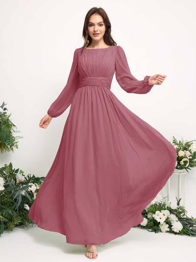 Carlyna Robe trapèze en mousseline avec encolure bateau manches longues pour demoiselle d'honneur Rose Du Désert #couleur_rose-du-d-sert