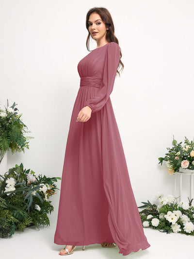 Carlyna Robe trapèze en mousseline avec encolure bateau manches longues pour demoiselle d'honneur Rose Du Désert #couleur_rose-du-d-sert