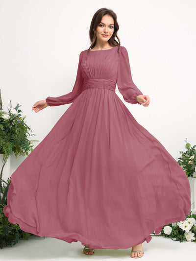 Carlyna Robe trapèze en mousseline avec encolure bateau manches longues pour demoiselle d'honneur Rose Du Désert #couleur_rose-du-d-sert