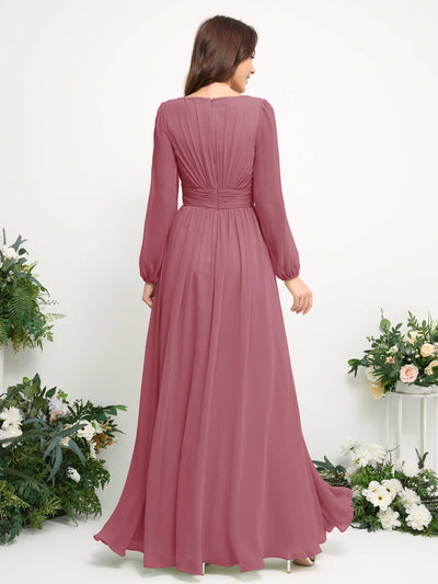 Carlyna Robe trapèze en mousseline avec encolure bateau manches longues pour demoiselle d'honneur Rose Du Désert #couleur_rose-du-d-sert