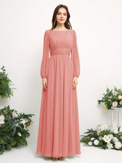 Carlyna Robe trapèze en mousseline avec encolure bateau manches longues pour demoiselle d'honneur Rose Pêche #couleur_rose-p-che