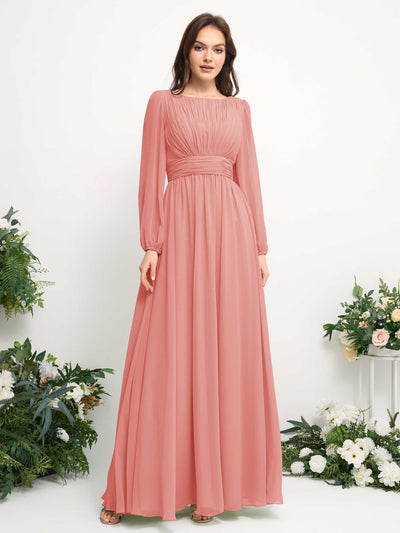 Carlyna Robe trapèze en mousseline avec encolure bateau manches longues pour demoiselle d'honneur Rose Pêche #couleur_rose-p-che