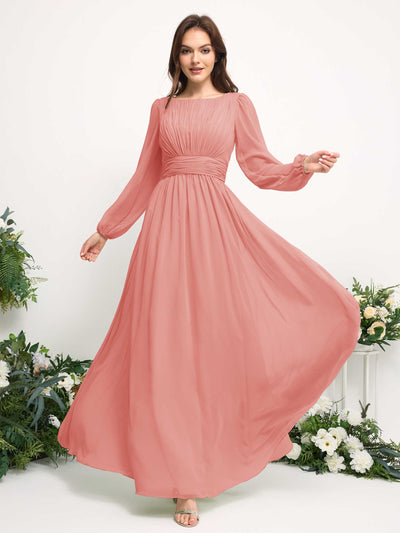 Carlyna Robe trapèze en mousseline avec encolure bateau manches longues pour demoiselle d'honneur Rose Pêche #couleur_rose-p-che