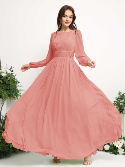 Carlyna Robe trapèze en mousseline avec encolure bateau manches longues pour demoiselle d'honneur Rose Pêche #couleur_rose-p-che