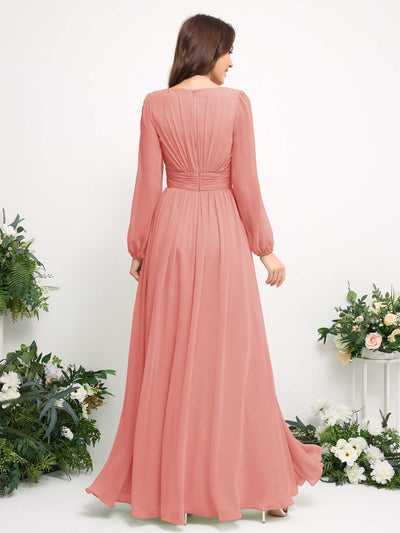 Carlyna Robe trapèze en mousseline avec encolure bateau manches longues pour demoiselle d'honneur Rose Pêche #couleur_rose-p-che
