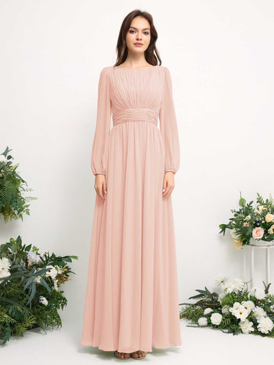 Carlyna Robe trapèze en mousseline avec encolure bateau manches longues pour demoiselle d'honneur Rose Perle #couleur_rose-perle