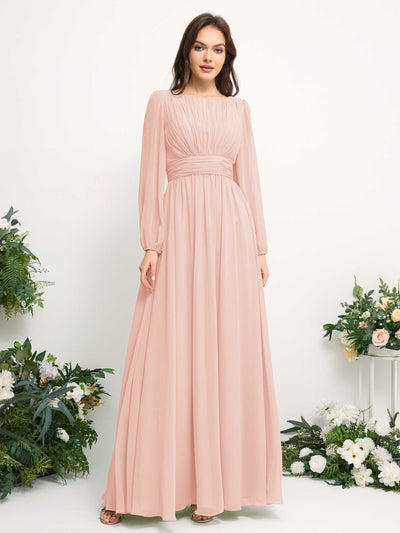 Carlyna Robe trapèze en mousseline avec encolure bateau manches longues pour demoiselle d'honneur Rose Perle #couleur_rose-perle