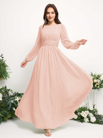 Carlyna Robe trapèze en mousseline avec encolure bateau manches longues pour demoiselle d'honneur Rose Perle #couleur_rose-perle