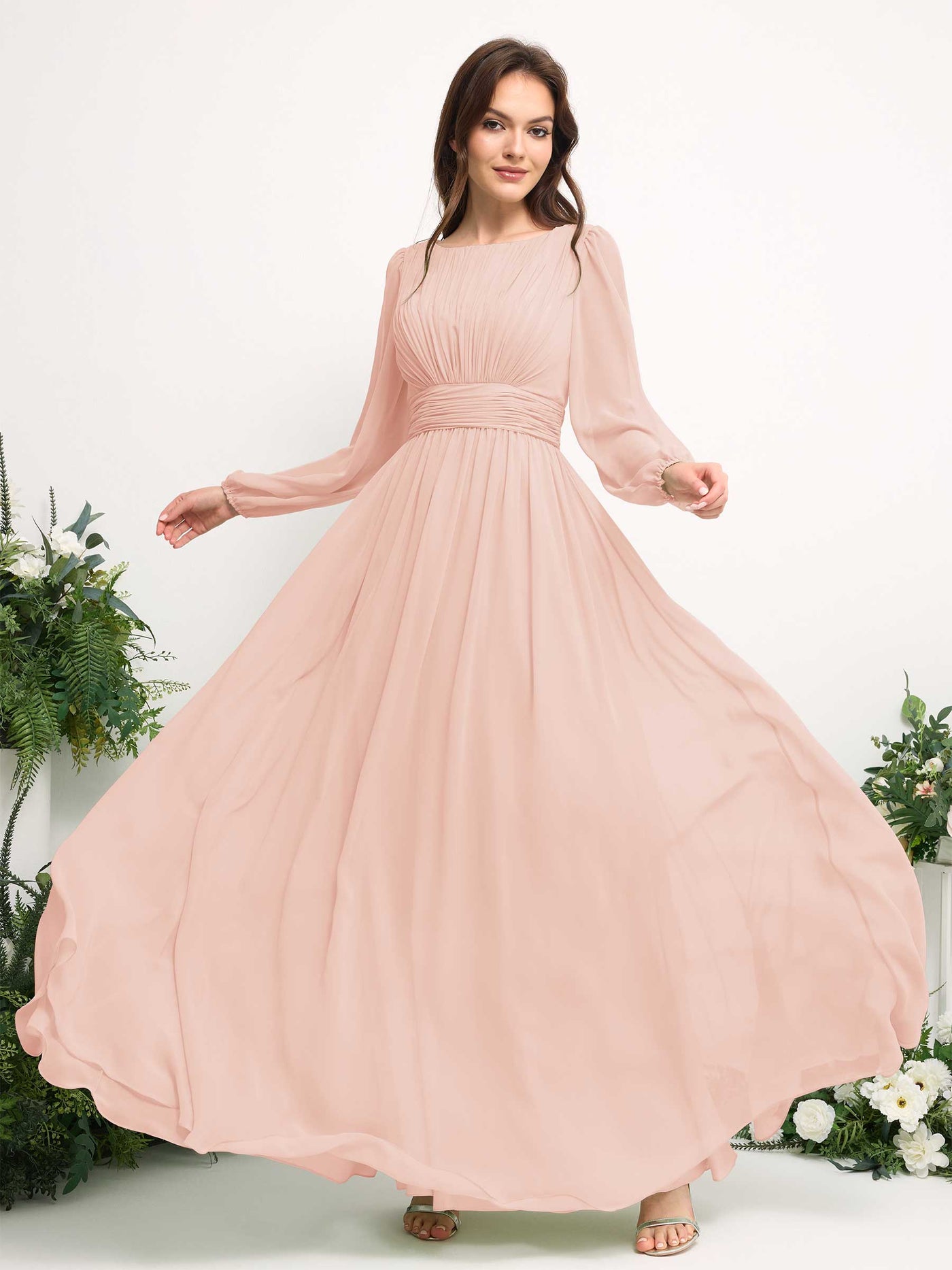 Carlyna Robe trapèze en mousseline avec encolure bateau manches longues pour demoiselle d'honneur Rose Perle #couleur_rose-perle