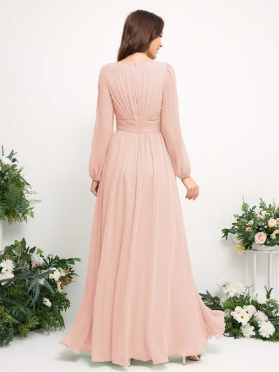 Carlyna Robe trapèze en mousseline avec encolure bateau manches longues pour demoiselle d'honneur Rose Perle #couleur_rose-perle