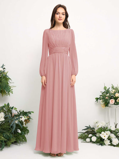 Carlyna Robe trapèze en mousseline avec encolure bateau manches longues pour demoiselle d'honneur Rose Poussiéreux #couleur_rose-poussi-reux
