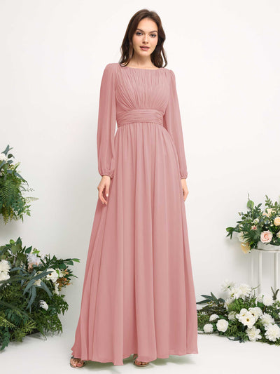 Carlyna Robe trapèze en mousseline avec encolure bateau manches longues pour demoiselle d'honneur Rose Poussiéreux #couleur_rose-poussi-reux