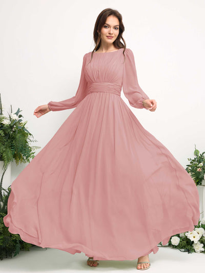 Carlyna Robe trapèze en mousseline avec encolure bateau manches longues pour demoiselle d'honneur Rose Poussiéreux #couleur_rose-poussi-reux
