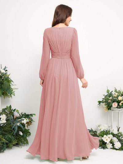 Carlyna Robe trapèze en mousseline avec encolure bateau manches longues pour demoiselle d'honneur Rose Poussiéreux #couleur_rose-poussi-reux