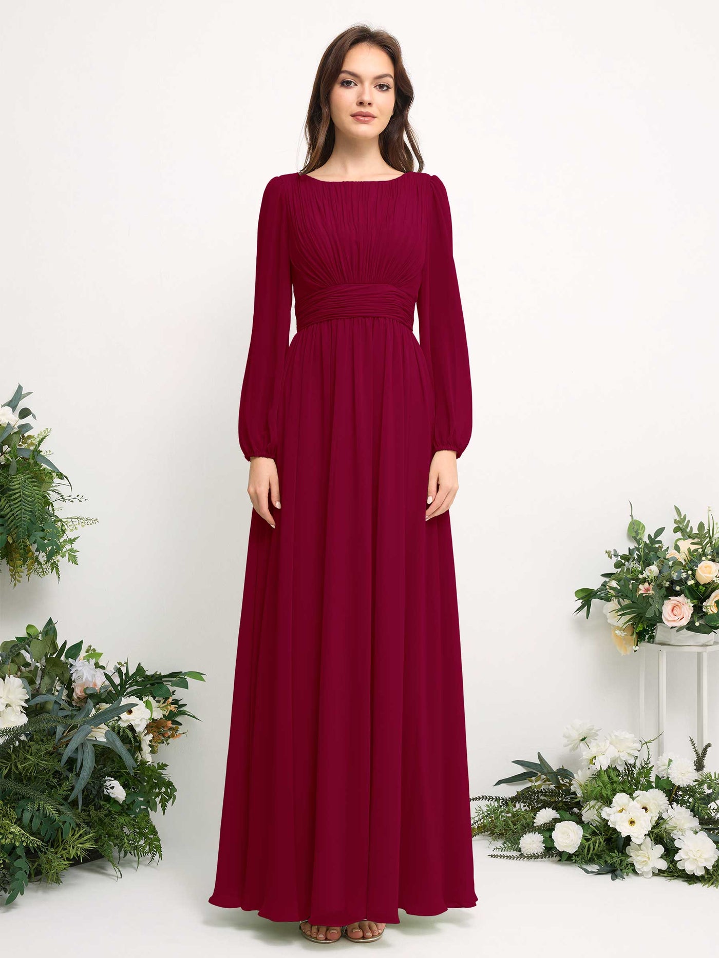 Carlyna Robe trapèze en mousseline avec encolure bateau manches longues pour demoiselle d'honneur Rouge Bouffon #couleur_rouge-bouffon