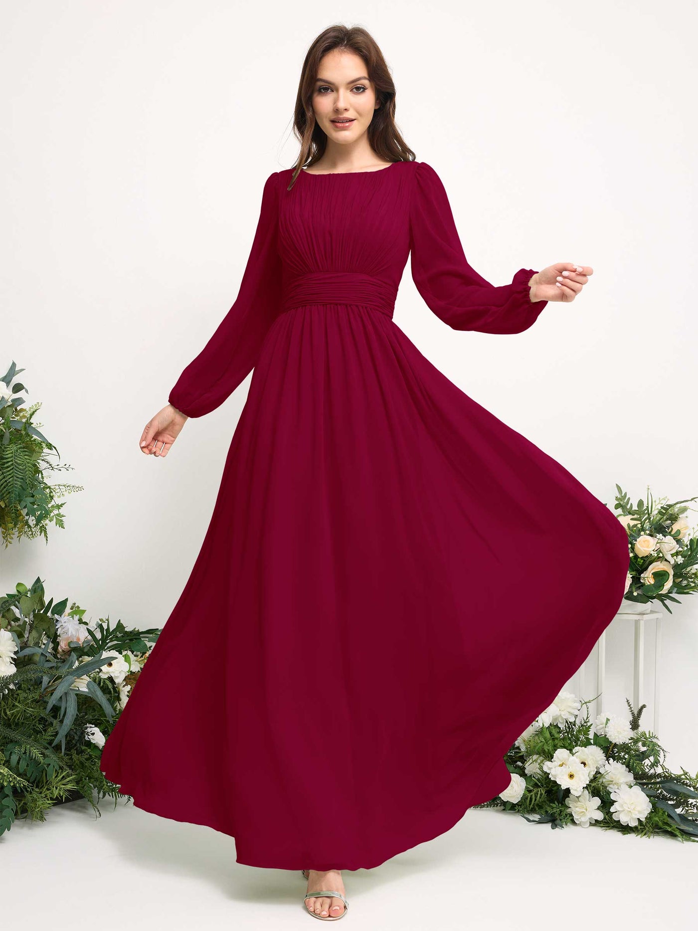 Carlyna Robe trapèze en mousseline avec encolure bateau manches longues pour demoiselle d'honneur Rouge Bouffon #couleur_rouge-bouffon