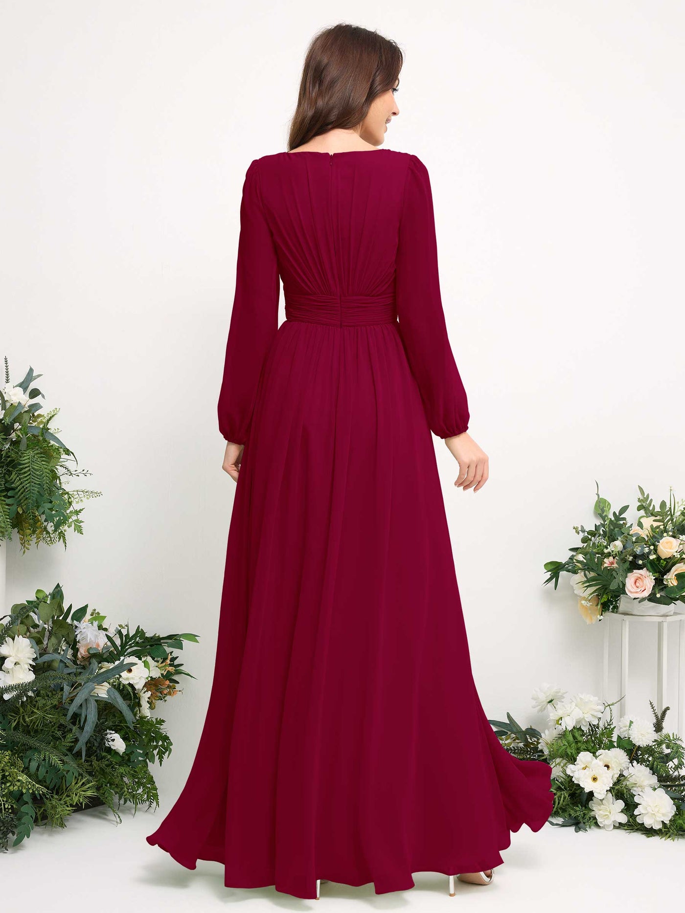 Carlyna Robe trapèze en mousseline avec encolure bateau manches longues pour demoiselle d'honneur Rouge Bouffon #couleur_rouge-bouffon