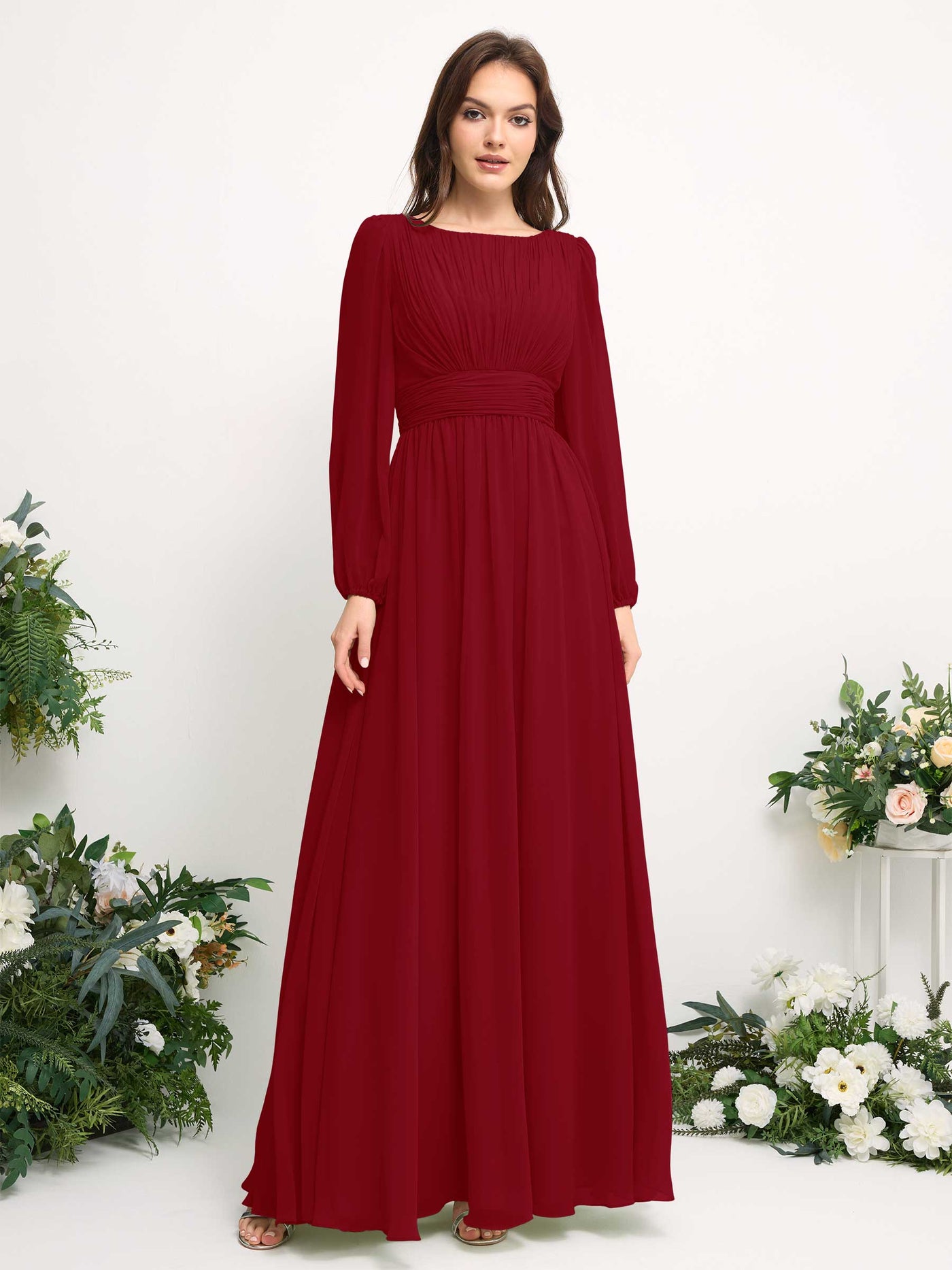 Carlyna Robe trapèze en mousseline avec encolure bateau manches longues pour demoiselle d'honneur Rouille #couleur_rouille