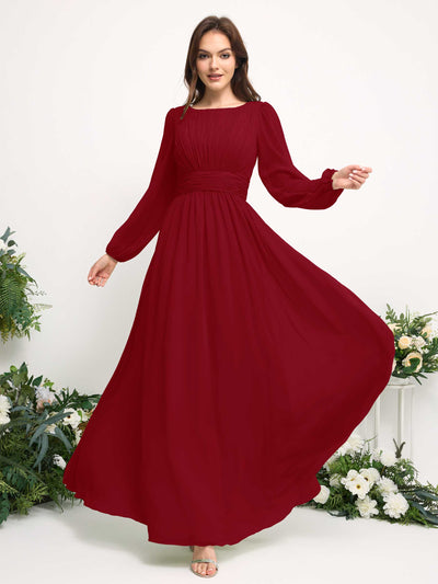 Carlyna Robe trapèze en mousseline avec encolure bateau manches longues pour demoiselle d'honneur Rouille #couleur_rouille