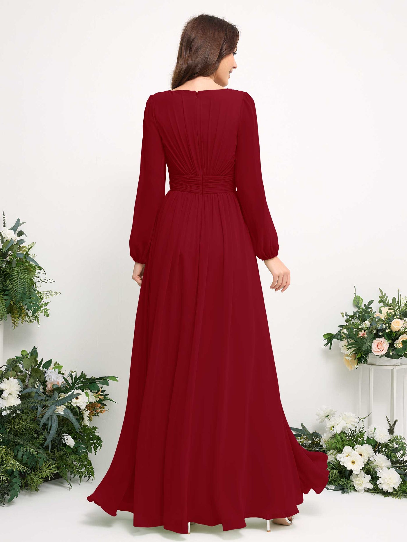 Carlyna Robe trapèze en mousseline avec encolure bateau manches longues pour demoiselle d'honneur Rouille #couleur_rouille