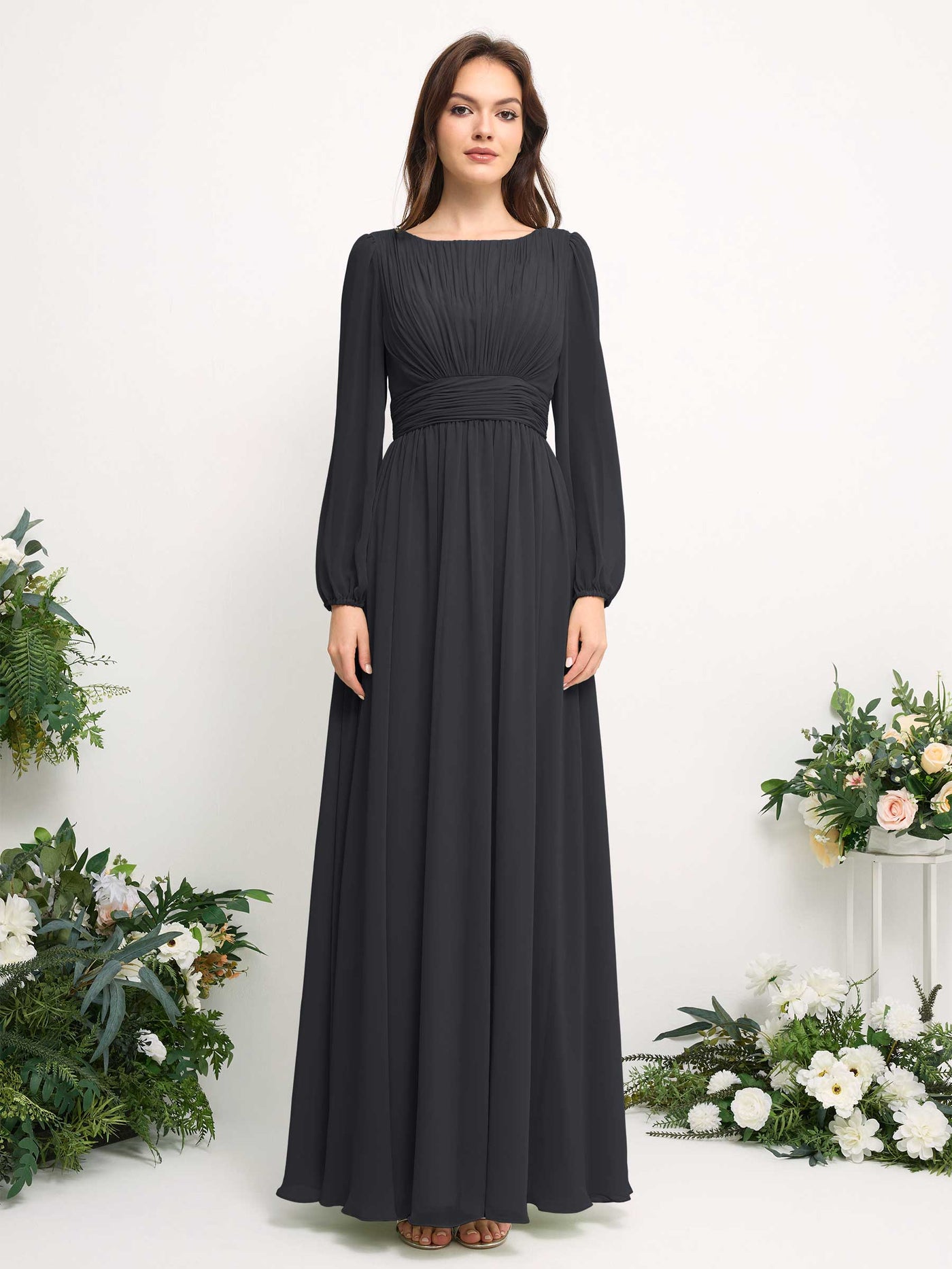 Carlyna Robe trapèze en mousseline avec encolure bateau manches longues pour demoiselle d'honneur Étain #couleur_tain