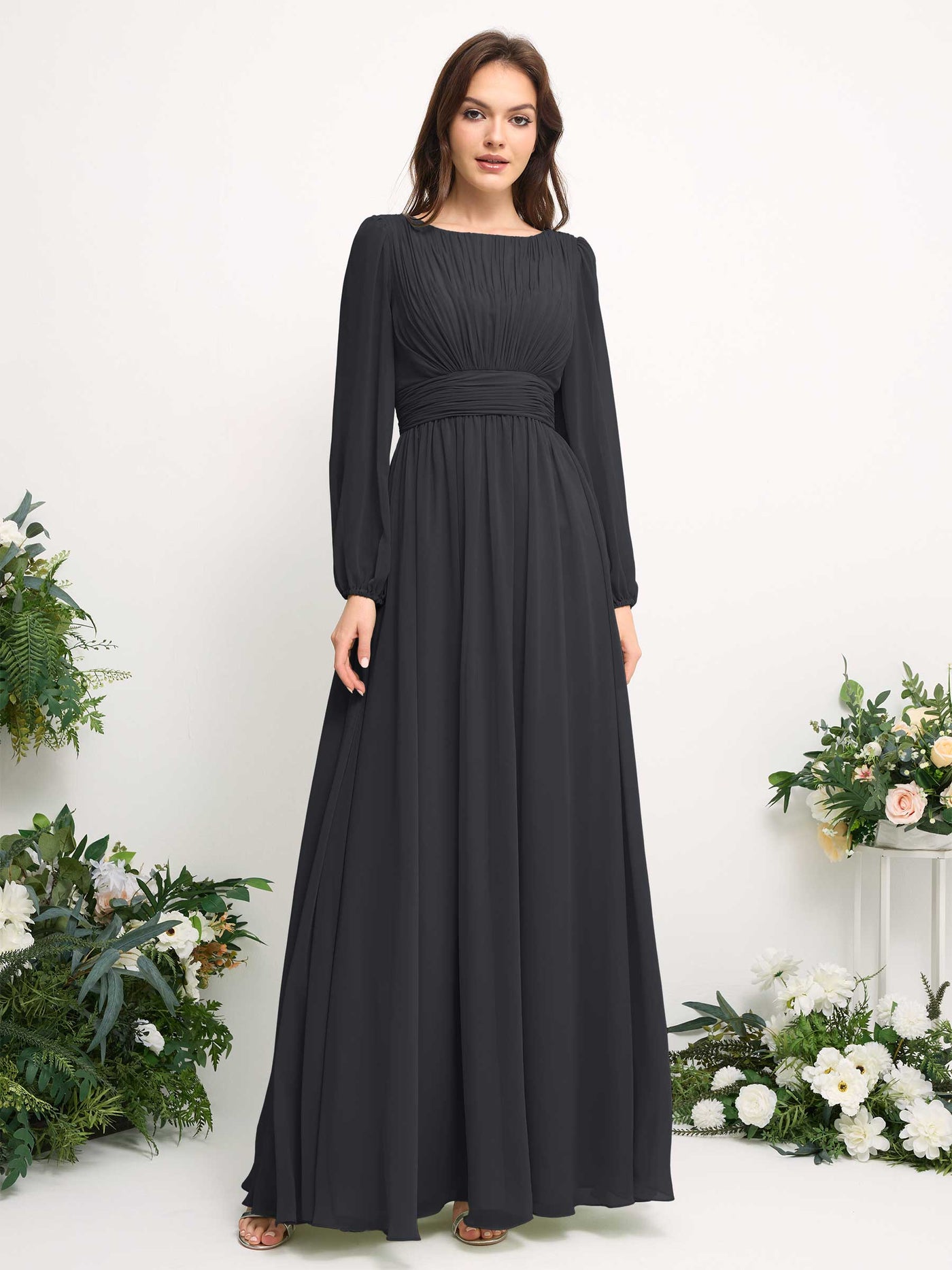 Carlyna Robe trapèze en mousseline avec encolure bateau manches longues pour demoiselle d'honneur Étain #couleur_tain