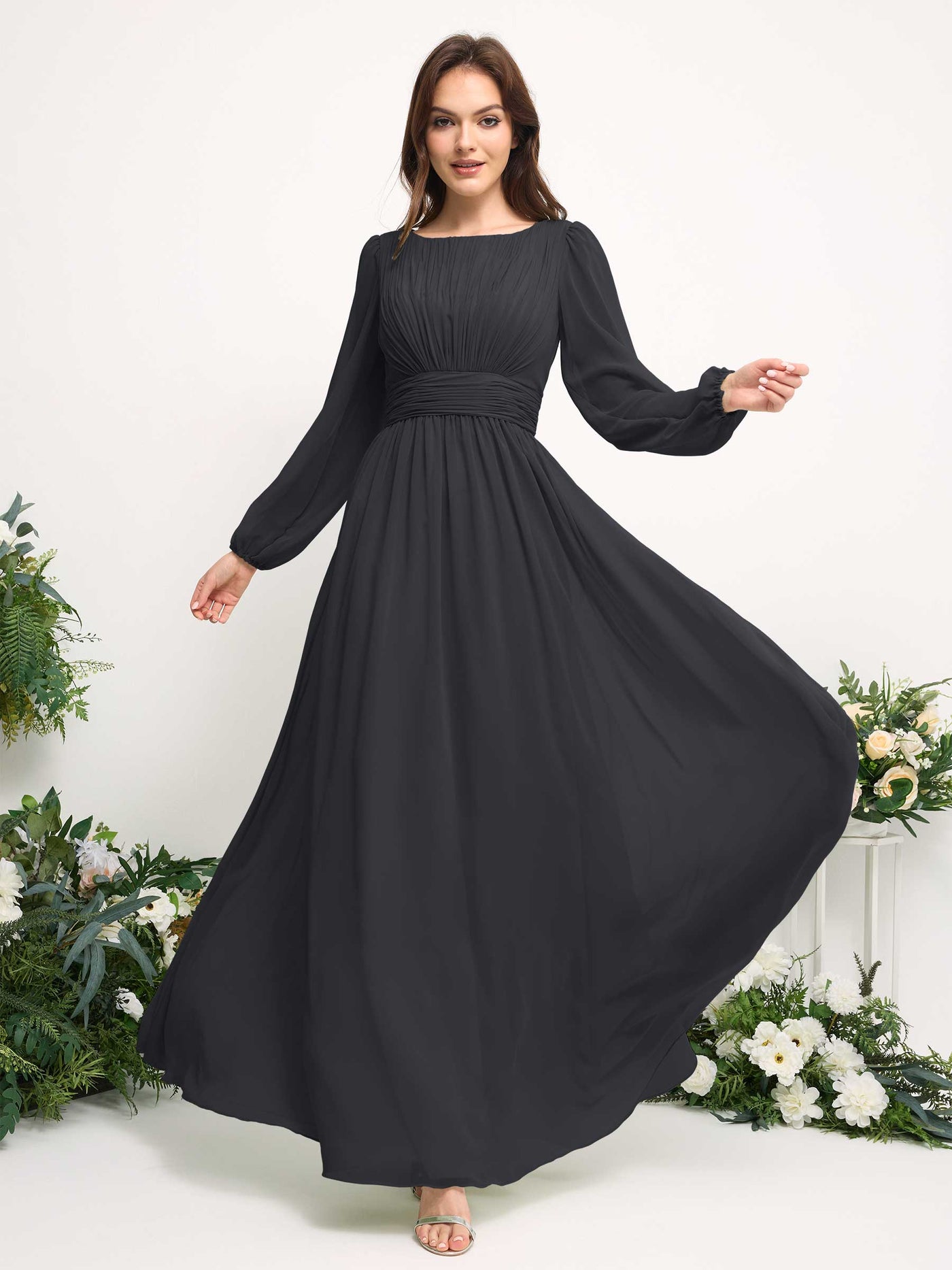 Carlyna Robe trapèze en mousseline avec encolure bateau manches longues pour demoiselle d'honneur Étain #couleur_tain