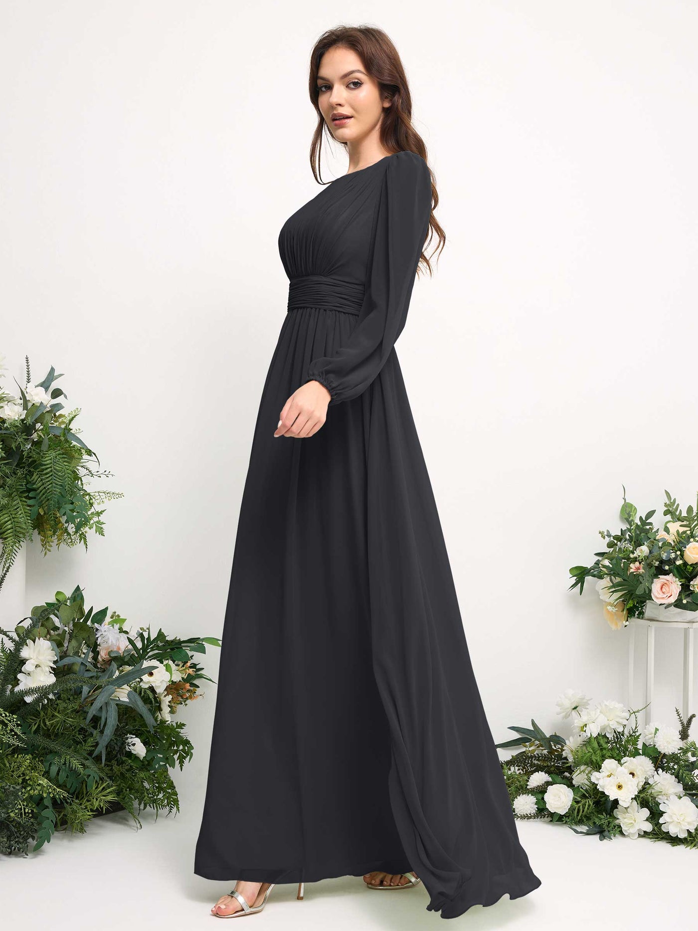 Carlyna Robe trapèze en mousseline avec encolure bateau manches longues pour demoiselle d'honneur Étain #couleur_tain